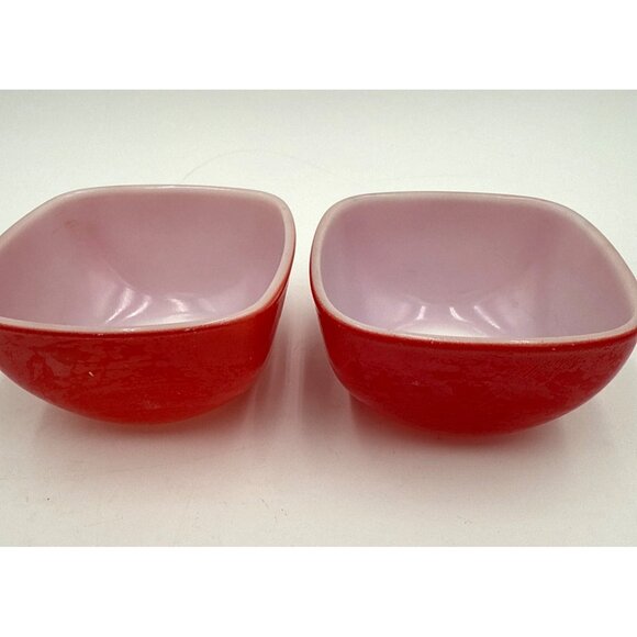 Two Vtg Pyrex #407 7oz Red Square Hostess Ramekin Snack Dish Bowls - Picture 3 of 9